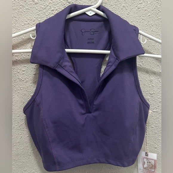Jessica Simpson Longline Polo Crop Top Built in Bra Purple Loganberry NWT XS - Picture 1 of 7